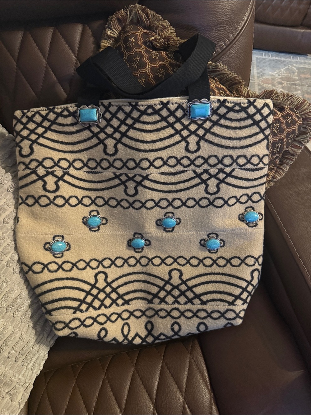 Beige Tote with Black Pattern and Turquoise Accents